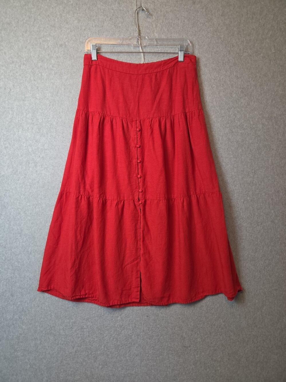 Japna Red Boho Tiered Button Front Pull On Waist Flax Blend Midi Skirt Large